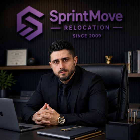reprezentant SprintMove Relocation in birou, pentru credibilitate si consultanta profesionala.